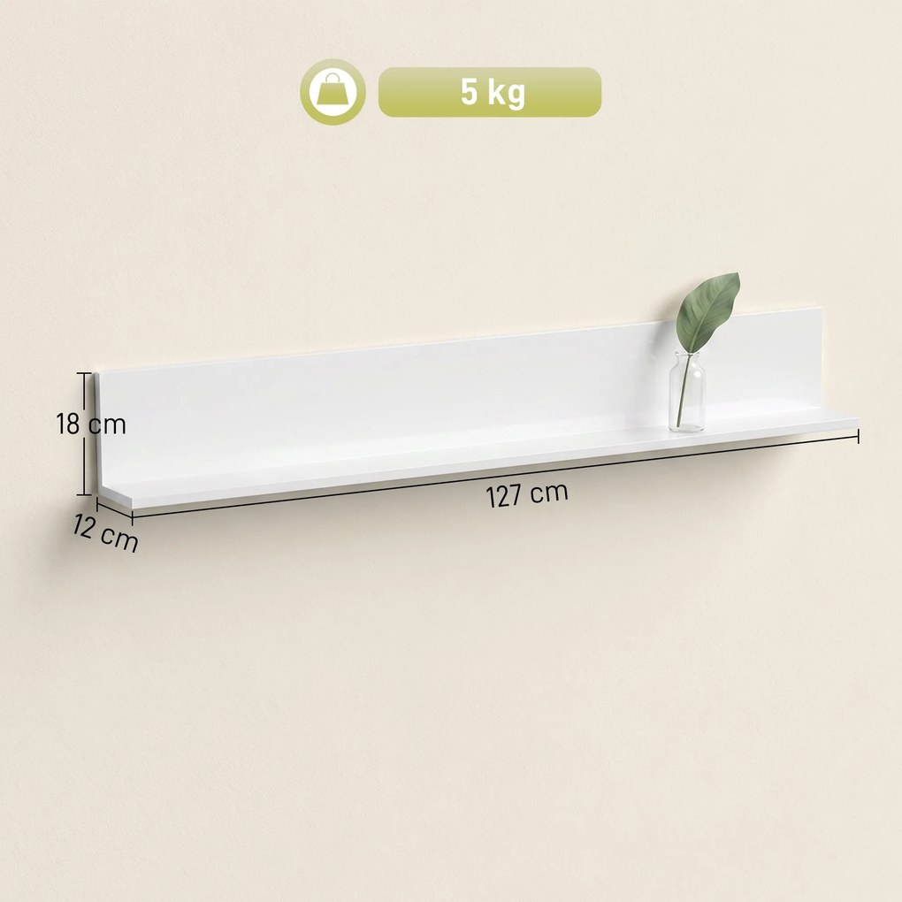 HOMCOM Etajeră de Perete pentru Living și Dormitor, Grosime 1,5 cm, Raft Suspendat din Lemn, 127x12x18 cm, Alb Lucios | Aosom Romania