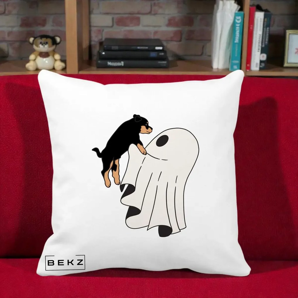 Perna Decorativa Caine Rottweiler Fantoma Halloween, 40x40 cm, Alba Mata, Husa Detasabila, Perna Inclusa, BEKZ®