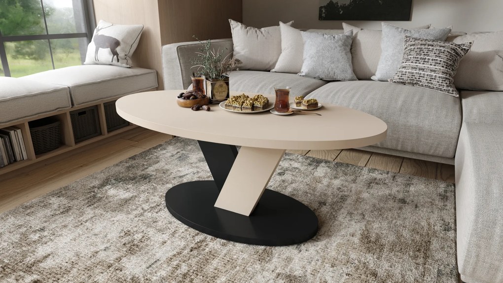 Mazzoni LOVA Bej/Negru - MĂSUȚĂ OVALĂ 110x60 cm MĂSUȚĂ DE CAFEA MODERNĂ