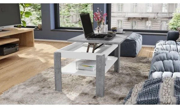 Masă de conferință extensibilă ADEN, blat ridicabil, gri beton/alb