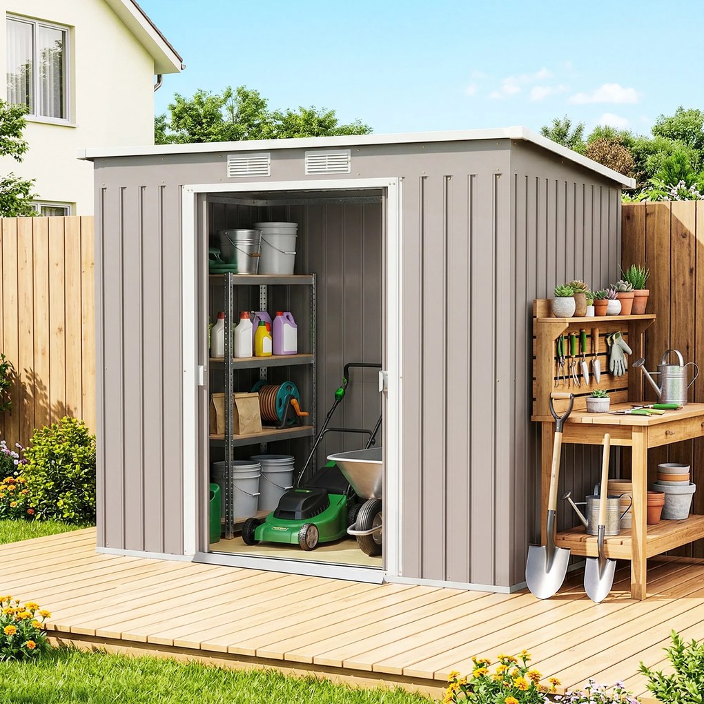 Outsunny Magazie Grădină pentru Unelte cu Acoperiș Înclinat, Metalică, Ușă Dublă și Fante de Ventilație, 213x130x172 cm | Aosom România