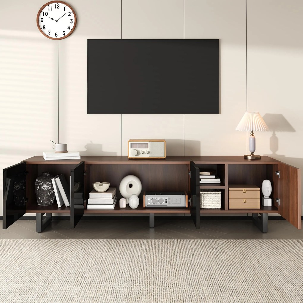Dulap TV modern cu 4 uși, spațiu mare de depozitare, design vintage, 180x38x50 cm, Negru+Culoare naturală