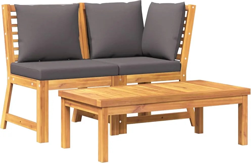 vidaXL Set mobilier de grădină, 3 piese, perne gri închis, lemn acacia