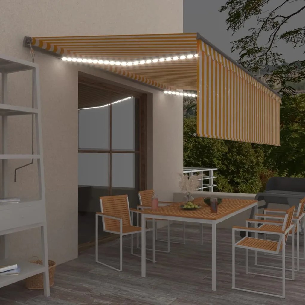 vidaXL Copertină retractabilă manual cu stor&amp;LED, galben&amp;alb, 5x3 m