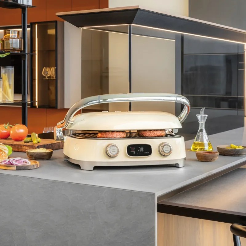 Grătar multifuncțional SMEG 50's Style MGF01CREU, 2100 W, 60-230 °C, 3 programe, acoperire ceramică, tavă de scurgere, semnal sonor, cronometru, culoare crem
