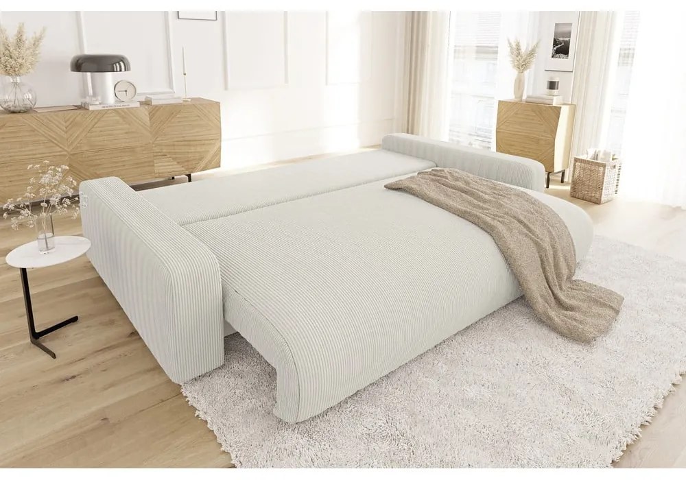 Canapea crem extensibilă, cu spațiu de depozitare, cu tapițerie din catifea reiată 234 cm Sara – Ropez