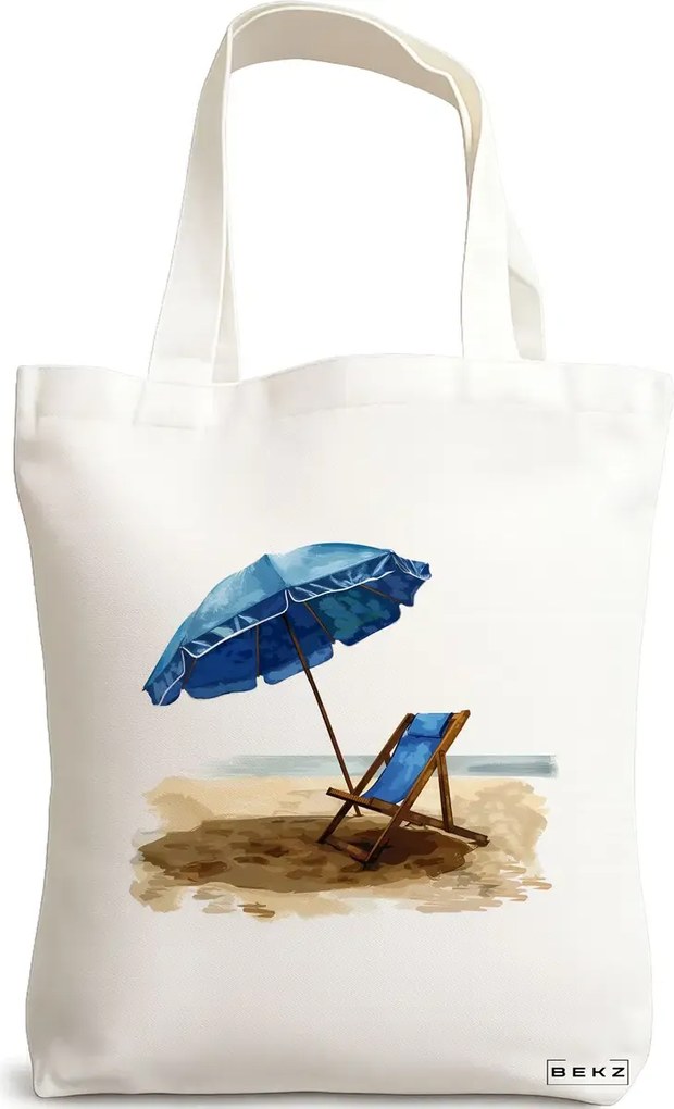 Sacosa de Panza pentru Cumparaturi, Geanta Tote, model Beach life 38 x 34.5 cm, Alba, BEKZ®