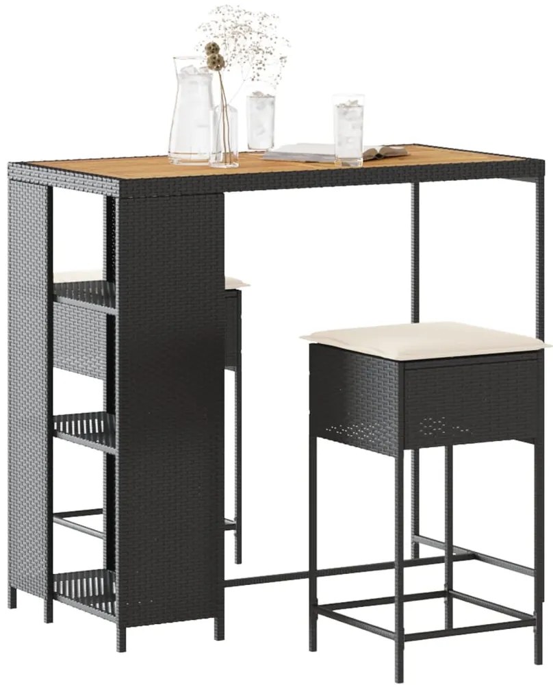 vidaXL Set mobilier bar de grădină cu perne, 3 piese, negru, poliratan