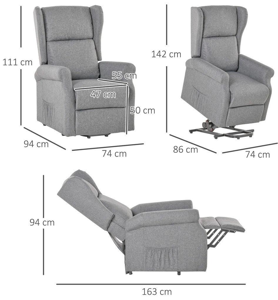 HOMCOM Fotoliu relax, funcție ridicare, funcție de înclinare, până la 200kg, 72,5x94x109cm, Gri | Aosom Romania