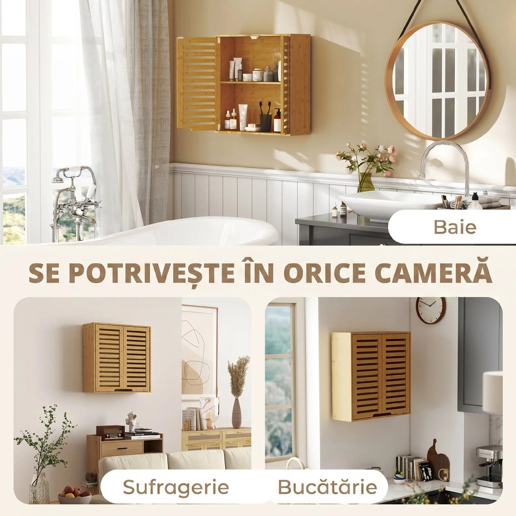 HOMCOM Dulap de Baie cu Raft Intern Reglabil și Uși Tip Lamă, din Bambus, 60x20x60 cm, Culoare Lemn | Aosom Romania
