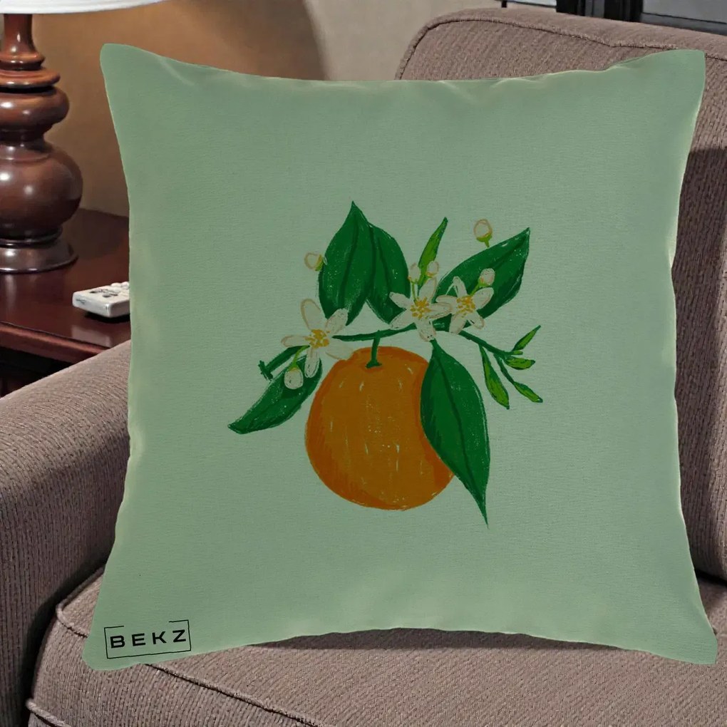 Perna Decorativa Portocala in Floare, 40x40 cm, Verde, Husa Detasabila, Perna Inclusa, BEKZ®