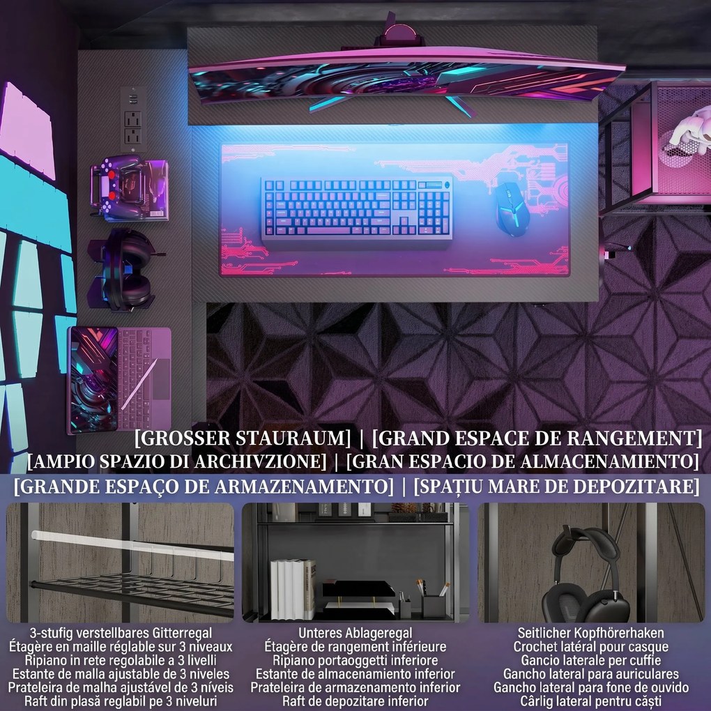 HOMCOM Birou de Gaming în Formă de L cu Lumini LED, Birou de Colț Reversibil cu Rafturi de Depozitare, 107x80x90 cm, Negru | Aosom Romania