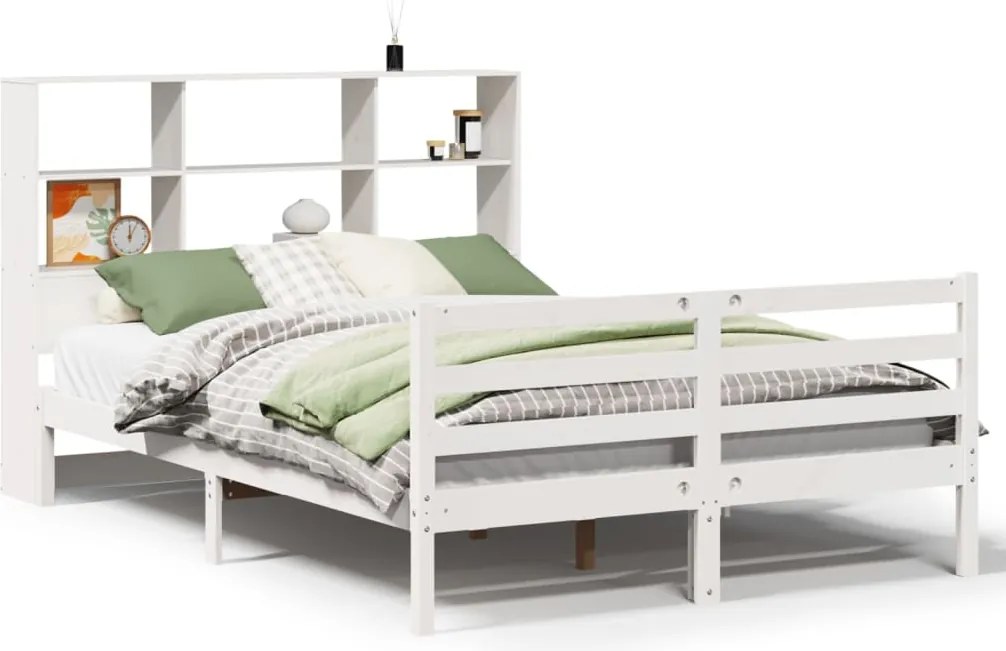 vidaXL Pat cu bibliotecă fără saltea, alb, 160x200 cm, lemn masiv pin