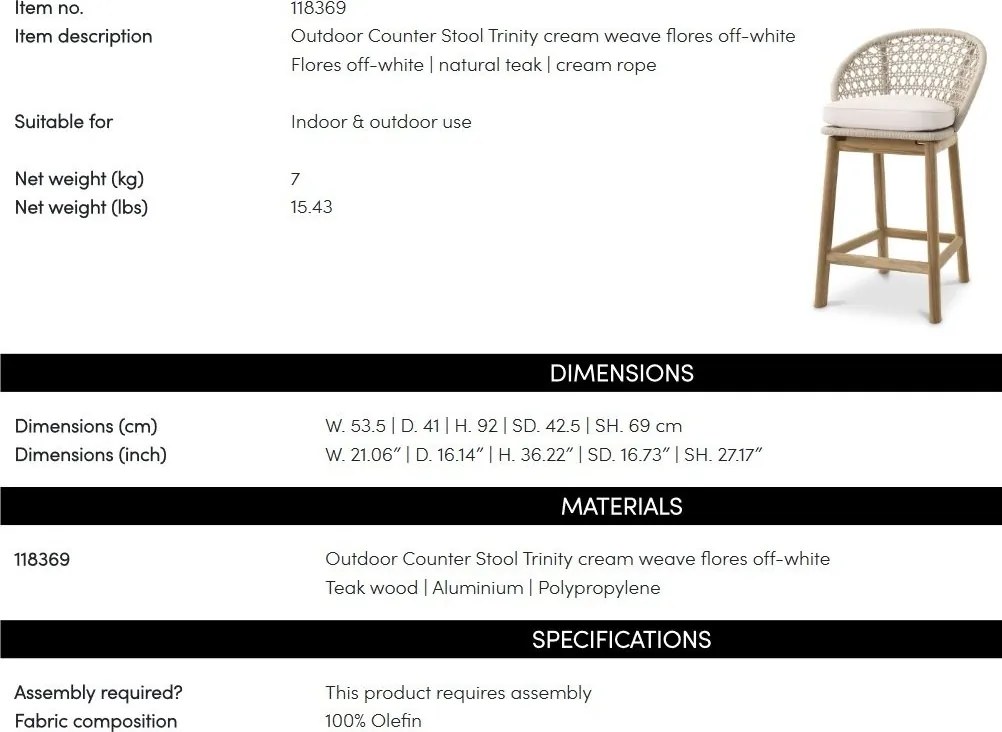 Scaun de bar pentru exterior sau interior design LUX Counter Trinity