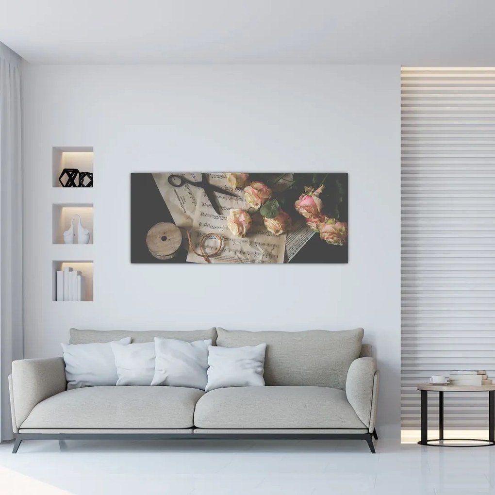 Tablou cu note muzicale și trandafiri (120x50 cm)