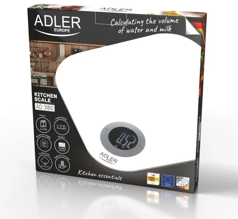 Cantar de bucatarie Adler AD 3180, Pana la 10 kg, Masurare lichide, Tare, Afisaj LCD, Alb