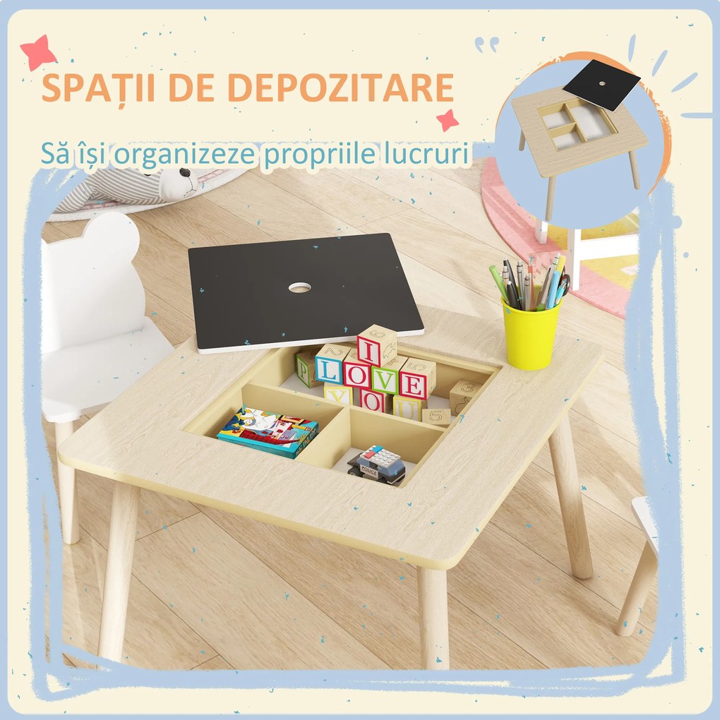 AIYAPLAY Set Masă și 2 Scaune pentru Copii 3-6 ani, cu Tablă de Scris și Loc de Depozitare, 60x60x44 cm, Lemn Natural | Aosom Romania