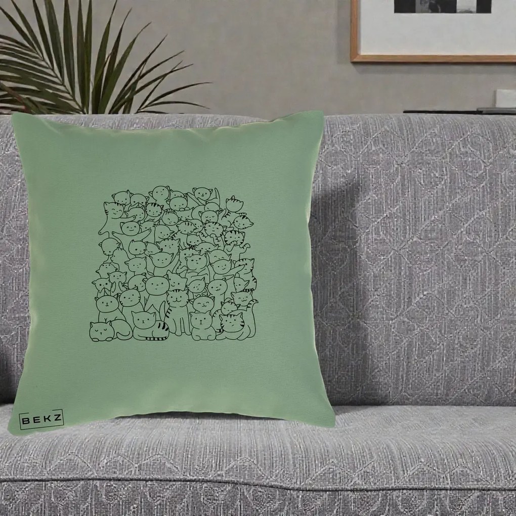 Perna Personalizata Many Cats Pattern Alb-Negru, 40x40 cm, Verde, Husa Detasabila, Perna Inclusa, BEKZ®