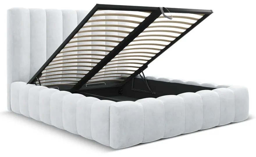 Pat matrimonial gri deschis tapițat cu spațiu de depozitare cu somieră 200x200 cm Kelp – Micadoni Home