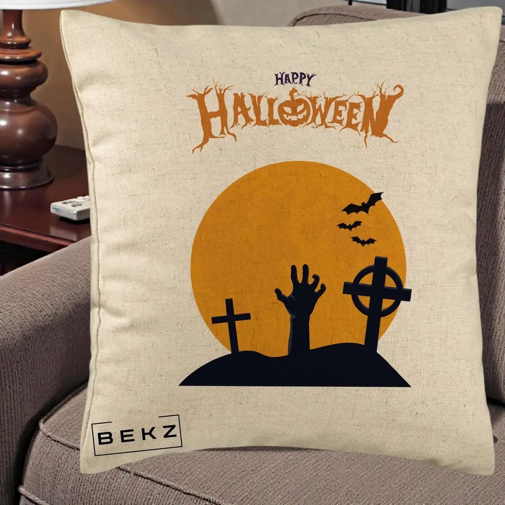 Perna Decorativa Happy Halloween Cimitir cu Luna, 40x40 cm, Bej, Husa Detasabila, Perna Inclusa, BEKZ®