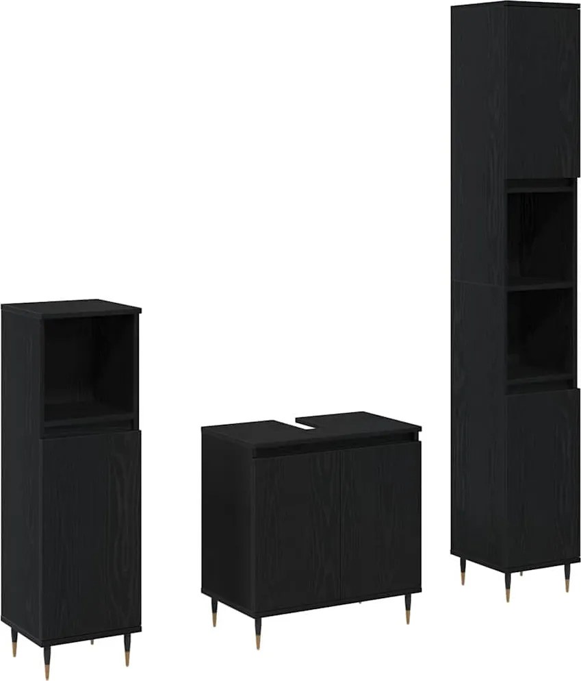 vidaXL Set de mobilier pentru baie 3 pcs Stejar Negru 30 x 30 x 190 cm