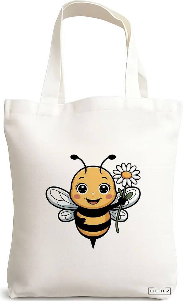 Sacosa de Panza pentru Cumparaturi, Geanta Tote, model Happy bee 38 x 34.5 cm, Alba, BEKZ®