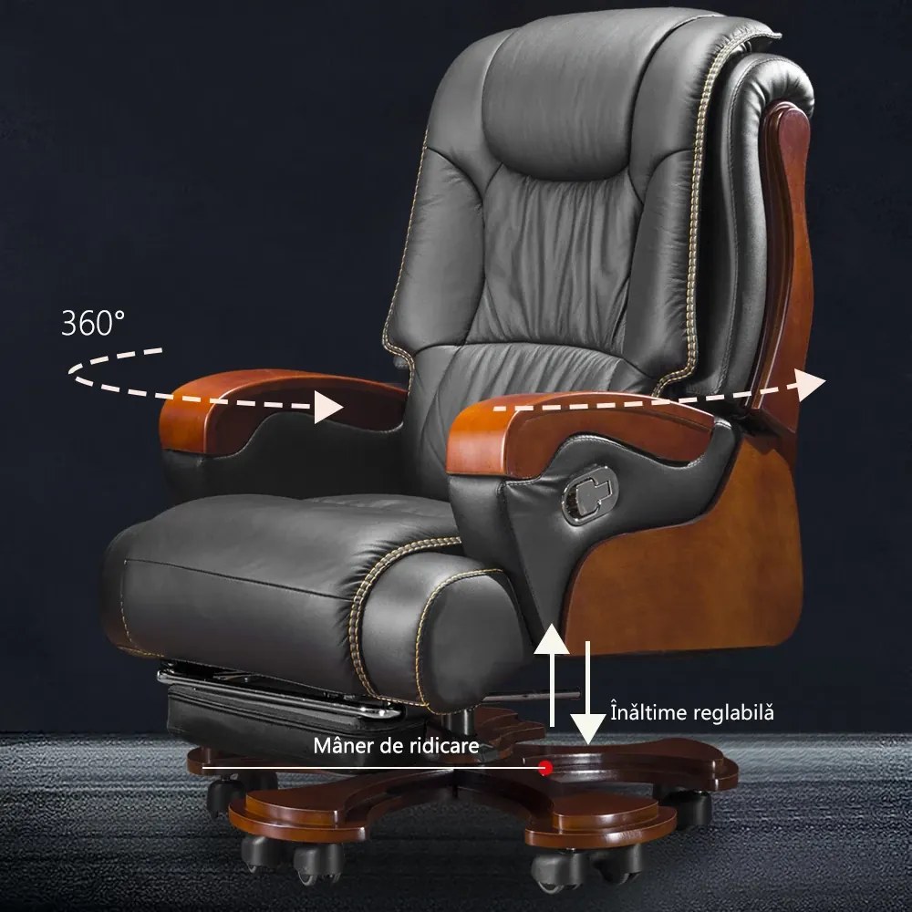 EXECUTIVE SIGNATURE 8033 – Scaun directorial din piele naturala si lemn masiv, Masaj in 9 puncte si Incalzire, rezistent 150 kg, Negru