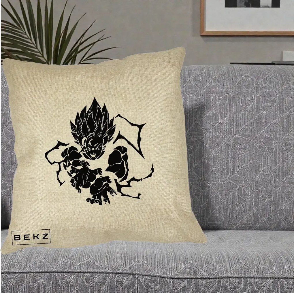 Perna Personalizata Dragon Ball Goku Super Saiyan Silueta, 40x40 cm, Crem, Husa Detasabila, Perna Inclusa, BEKZ®