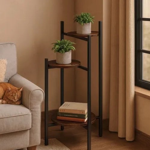 Suport pentru flori Loft - raft cu 3 etaje cu rafturi rotunde din lemn