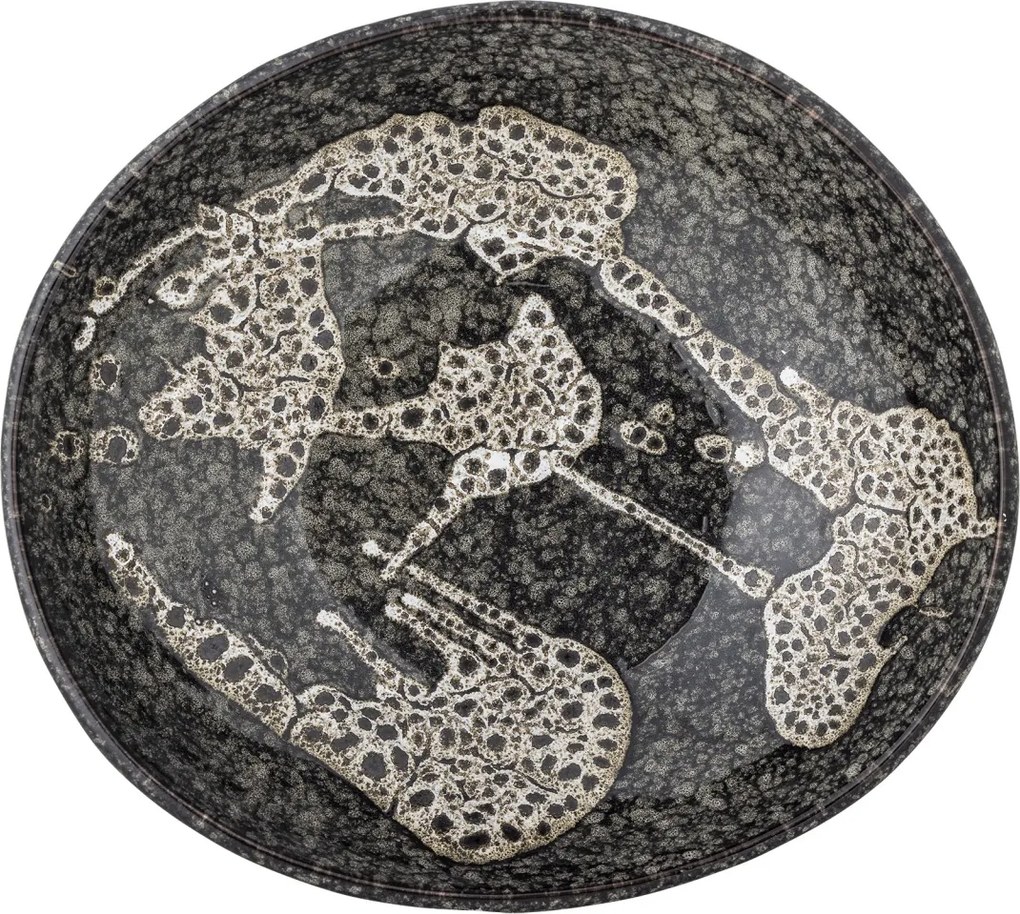 Bol de servire din ceramică, gri, formă rotunda cu margine ondulata, glazură reactivă, 8 x 24 cm, „Sway”