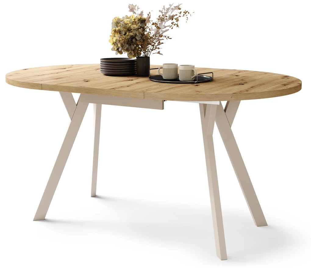Mazzoni ALDO Stejar Artisan/picioare bej - MASĂ ROTUNDĂ EXTENSIBILĂ CU PICIOARE ÎN FORMĂ DE "Y" STIL LOFT PENTRU SALON/SUFRAGERIE