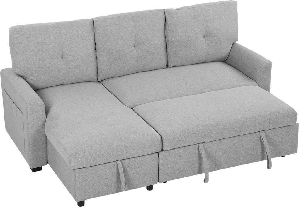 HOMCOM Canapea extensibilă 3 locuri cu șezlong convertibil, spațiu de depozitare, 3 perne, material cu efect de in, gri | Aosom Romania