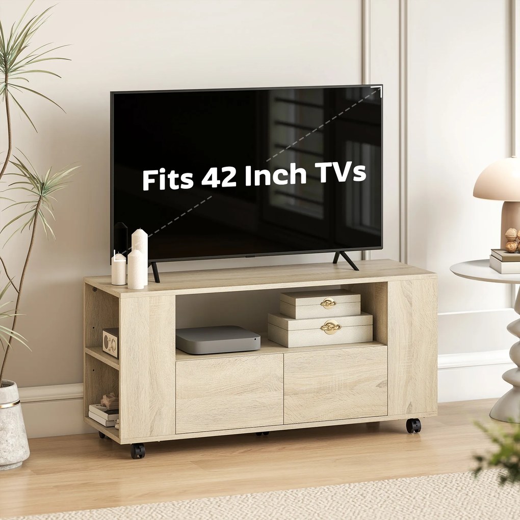 HOMCOM Suport pentru TV de 42" cu Roți Pivotante și Frână, Rafturi Ajustabile și Sertare, 102x34.5x48.5 cm, Lemn | Aosom Romania