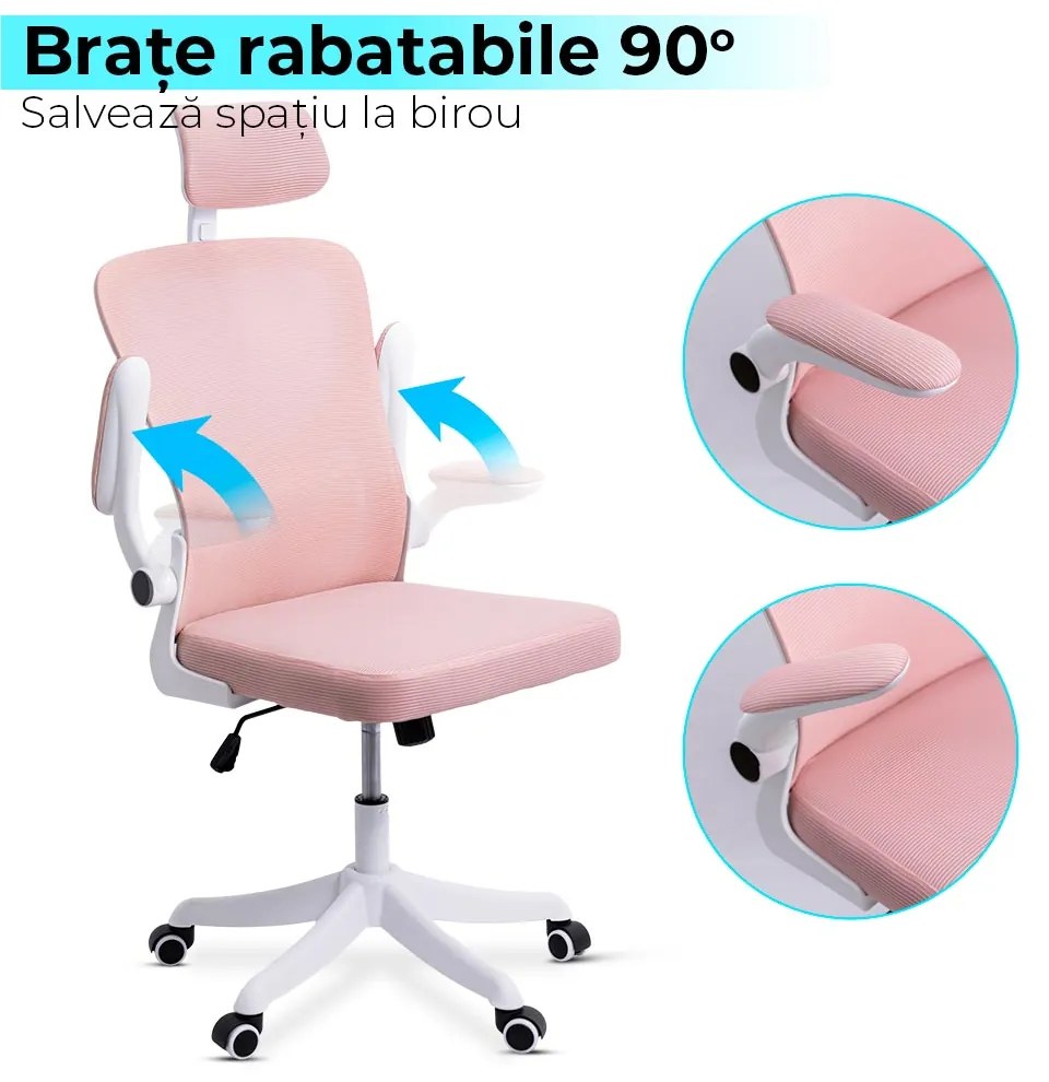 Scaun ergonomic OFF 336 roz, spătar înalt și brațe rabatabile