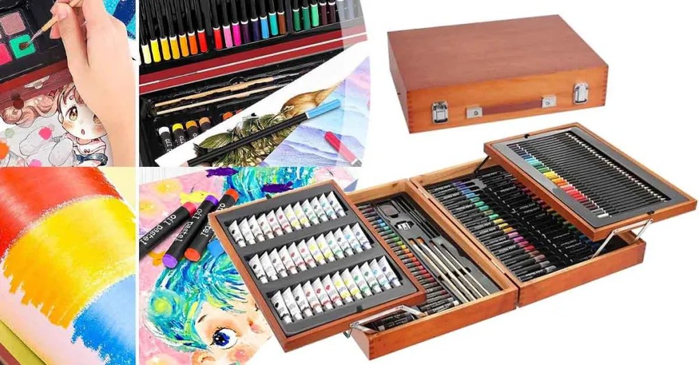 Set de pictura si desen de 174 piese, in cutie practica de cadou din lemn