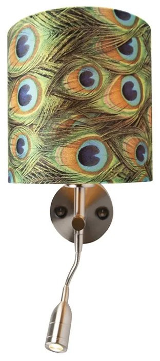 Lampa de perete moderna din otel cu lampa de citit si abajur din catifea 20/20/20 Paun - Auriu