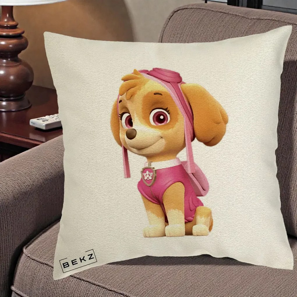 Perna Personalizata Skye PAW Patrol Roz, 40x40 cm, Ecru, Husa Detasabila, Perna Inclusa, BEKZ®