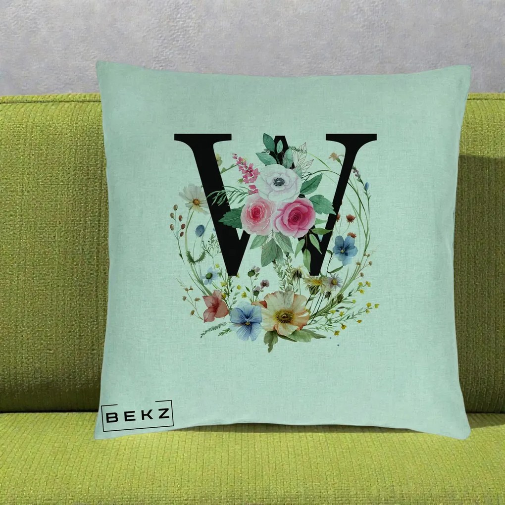 Cadou Personalizat - Perna Personalizata Monograma Florala Litera W, 40x40 cm, Verde Menta, Husa Detasabila, Perna Inclusa, BEKZ®