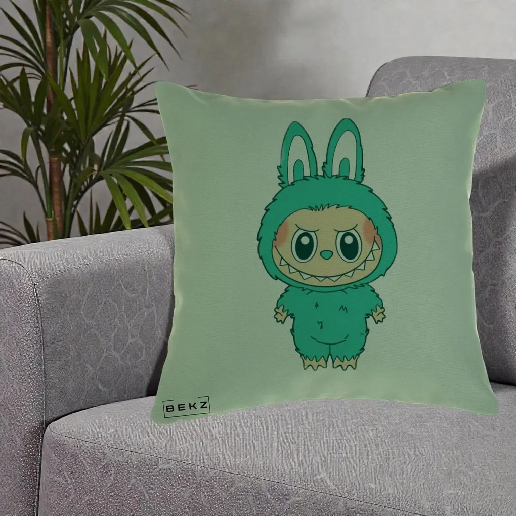 Perna Personalizata Labubu Turcoaz, 40x40 cm, Verde, Husa Detasabila, Perna Inclusa, BEKZ®