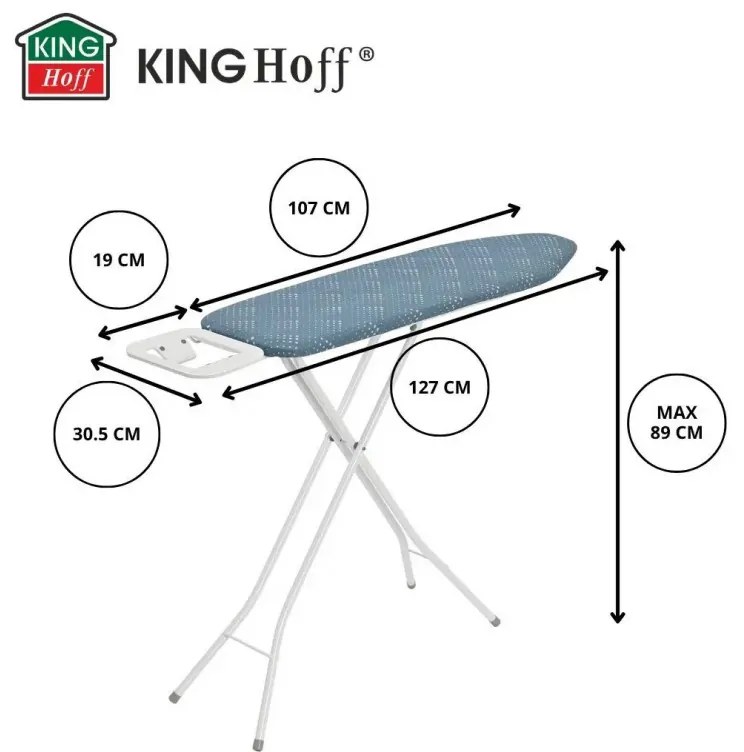 Masă de călcat Kinghoff KH 1938, 107.5x30.5 cm, 4 poziții de reglare, Suport pentru fier de călcat, albastru
