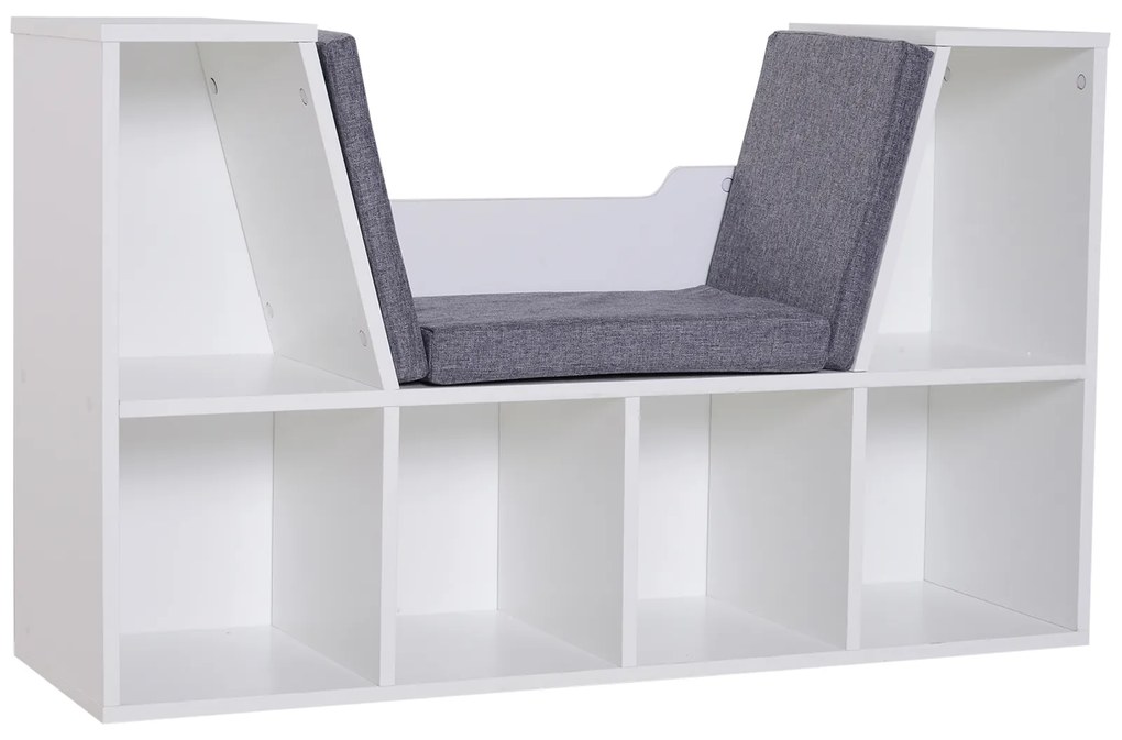 HOMCOM Bibliotecă Bancă 2 în 1 Design Contemporan 6 compartimente 3 Perne incluse 102L x 30l x 61H cm Alb Gri chinuit | Aosom Romania