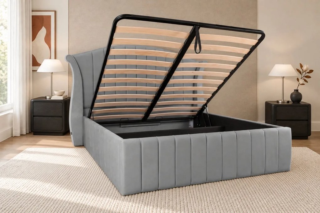 Pat tapițat din catifea Sorella Simple Line 160×200 cm, gri deschis, cu ladă de depozitare