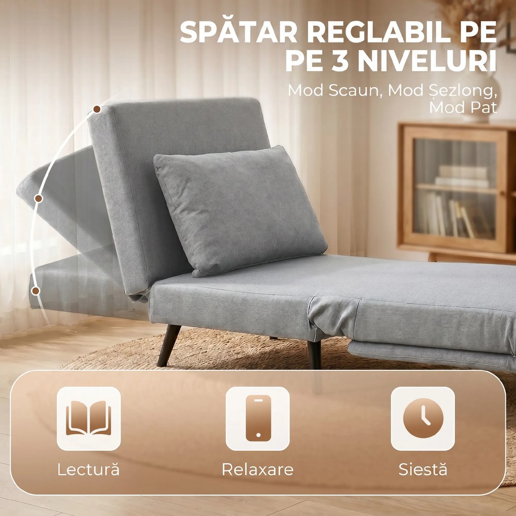 HOMCOM Fotoliu Pat cu Spătar Reglabil 3 Poziții, Pernă Detașabilă din Țesătură cu Aspect de In, Gri Deschis | Aosom Romania