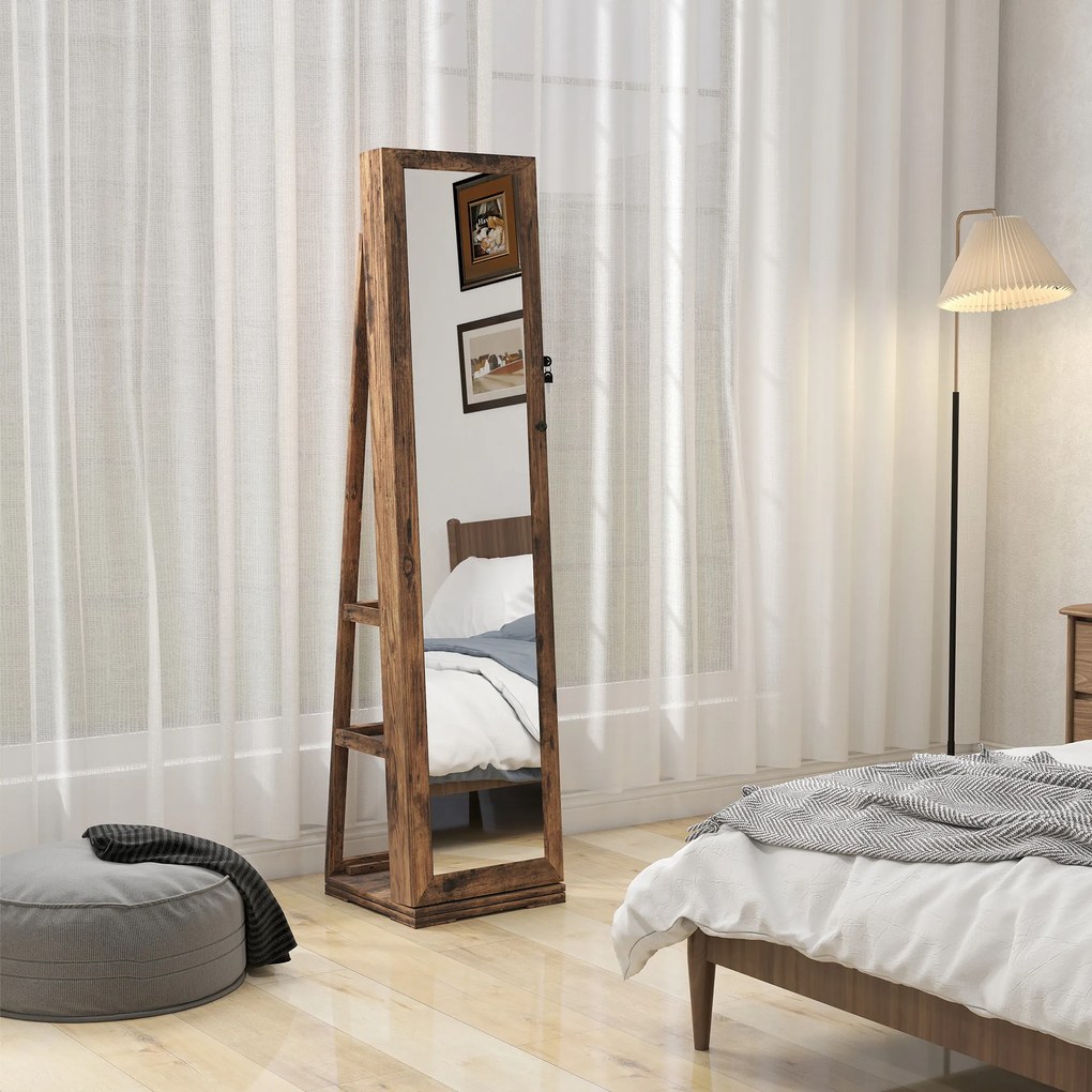 HOMCOM Armoire de Bijuterii pivotantă, blocabilă, cu oglindă - Dulap Bijuterii Multi-Depozitare - Brun Rustic | Aosom Romania