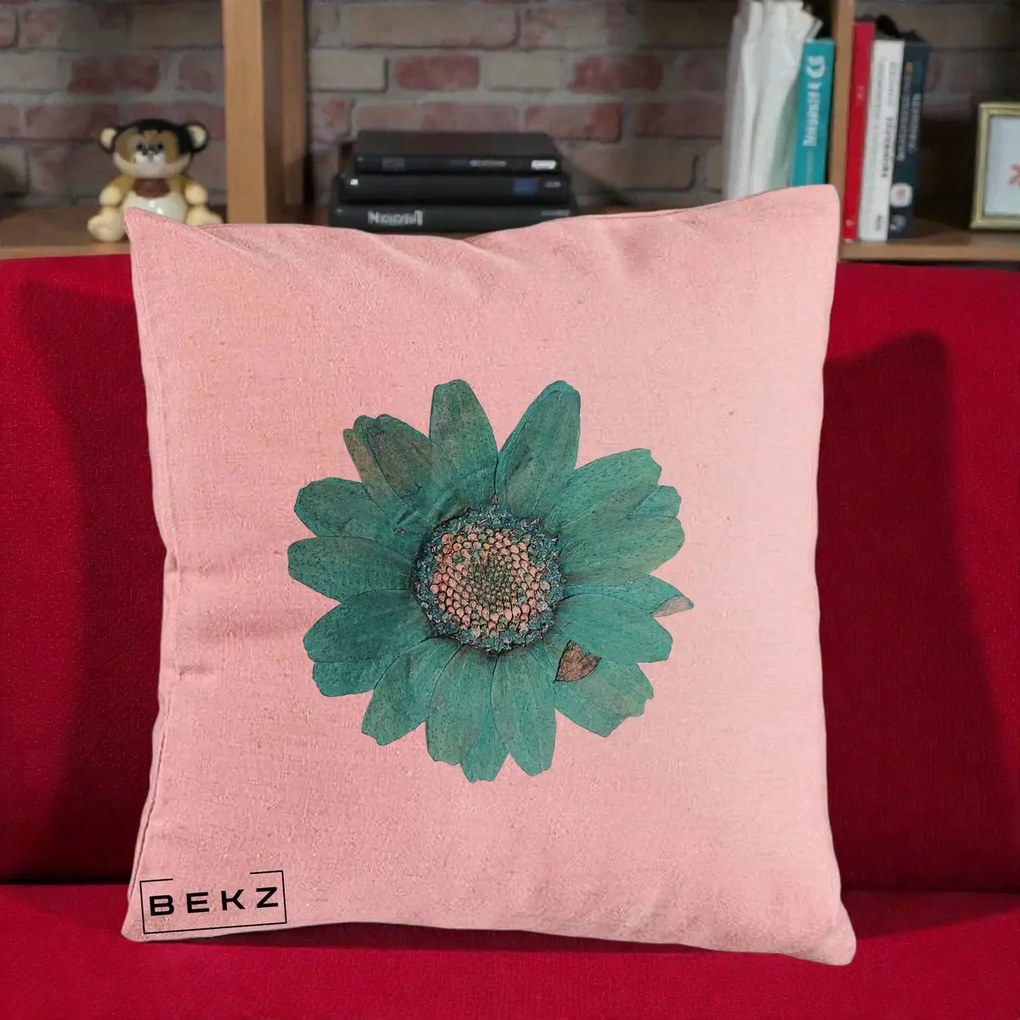 Perna Decorativa Floare Gerbera Teal Acuarela, 40x40 cm, Roz, Husa Detasabila, Perna Inclusa, BEKZ®