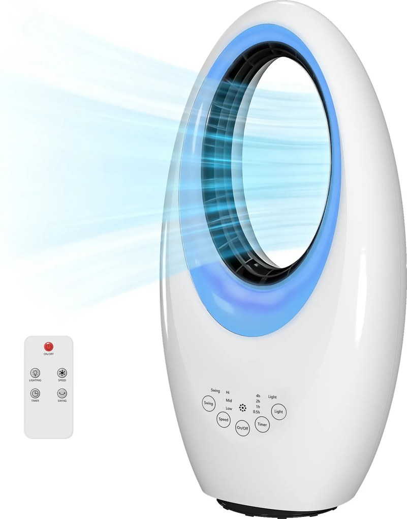 HOMCOM Ventilator turn fără pale, ventilator silențios 36 dB cu oscilație 60°, iluminare LED, 3 trepte de viteză, 7,5-Stunden-Timer, telecomandă | Aosom Romania