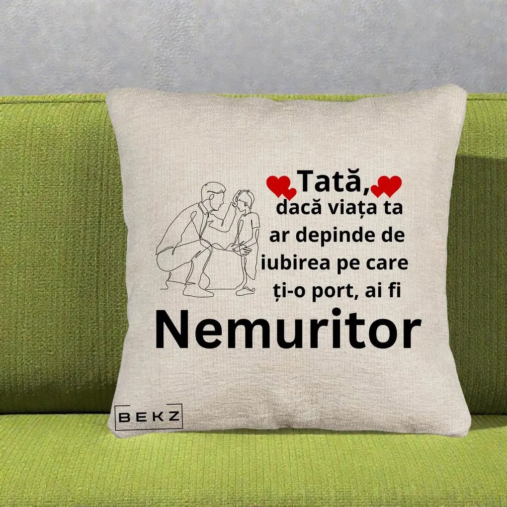 Cadou pentru Tata - Perna Personalizata Tata Nemuritor Baietel, 40x40 cm, Bej Canapea, Husa Detasabila, Perna Inclusa, BEKZ®