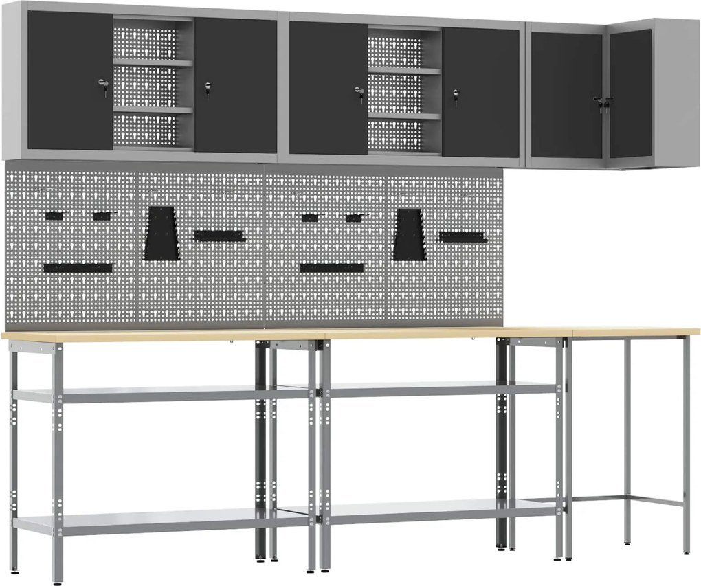 vidaXL Set de dulapuri de lucru cu raft Manual 10 pcs Negru și Gri