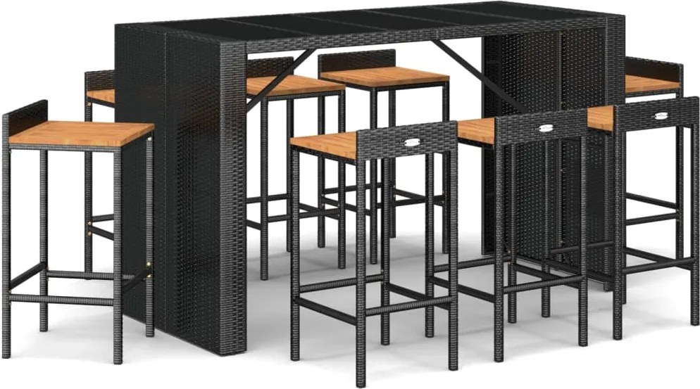 vidaXL Set bar pentru grădină, 9 piese, negru, poliratan/lemn acacia