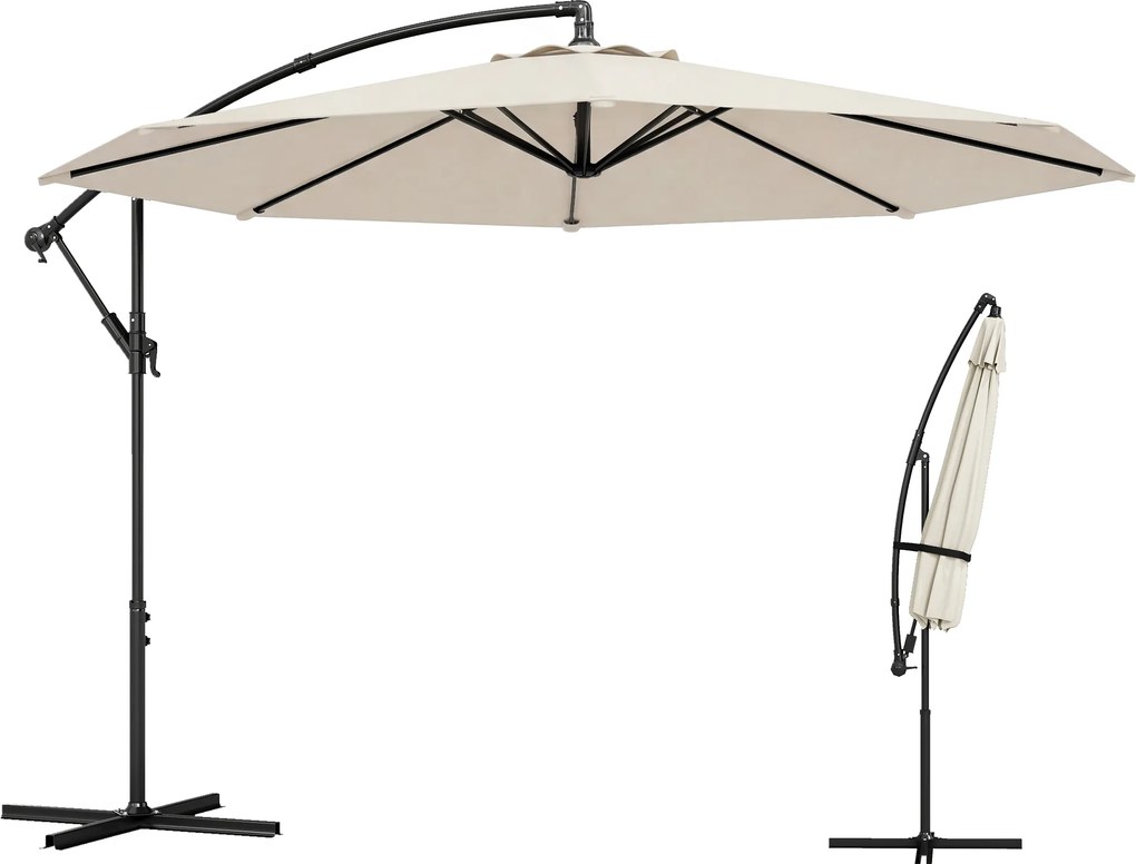 Outsunny Umbrelă Excentrică Ø300 cm cu Bază Încrucișată Copertină Reglabilă și Manivelă UPF30+ pentru Terasă Curte Alb Crem | Aosom Romania